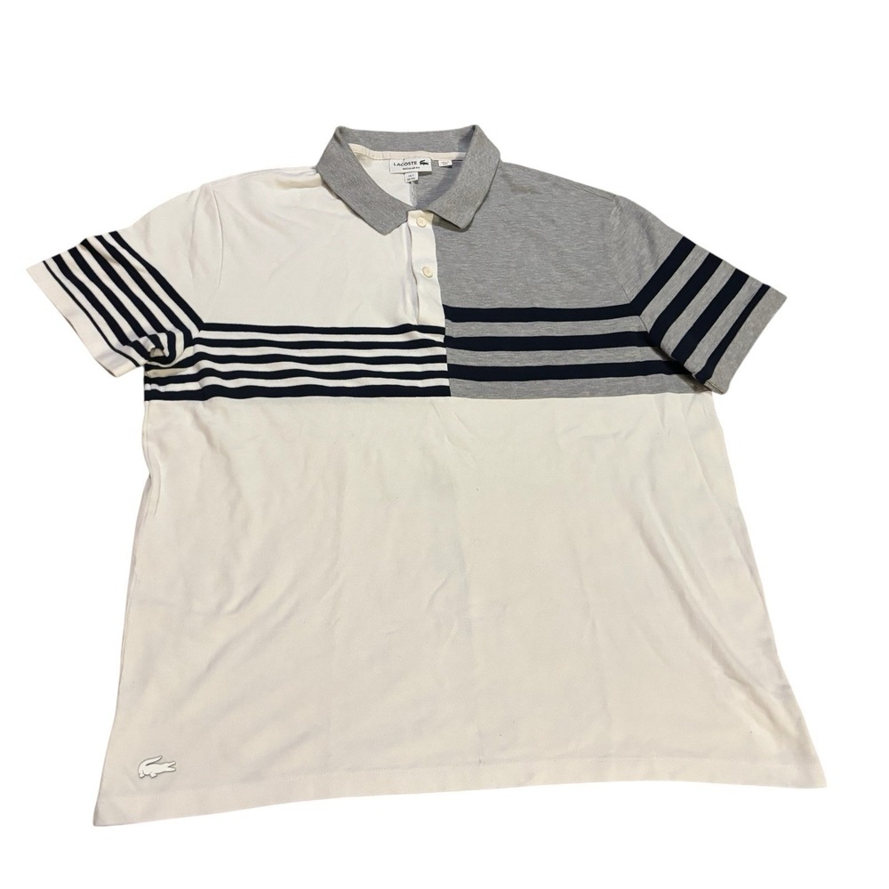 Lacoste White Polo with Gray Collar and Black Stripes